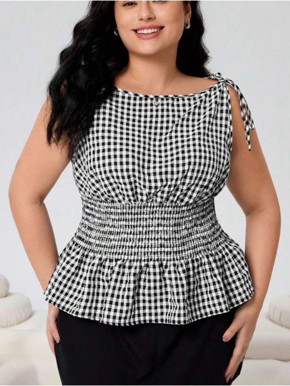 Gingham Smocked Peplum Tank Top - Black/White